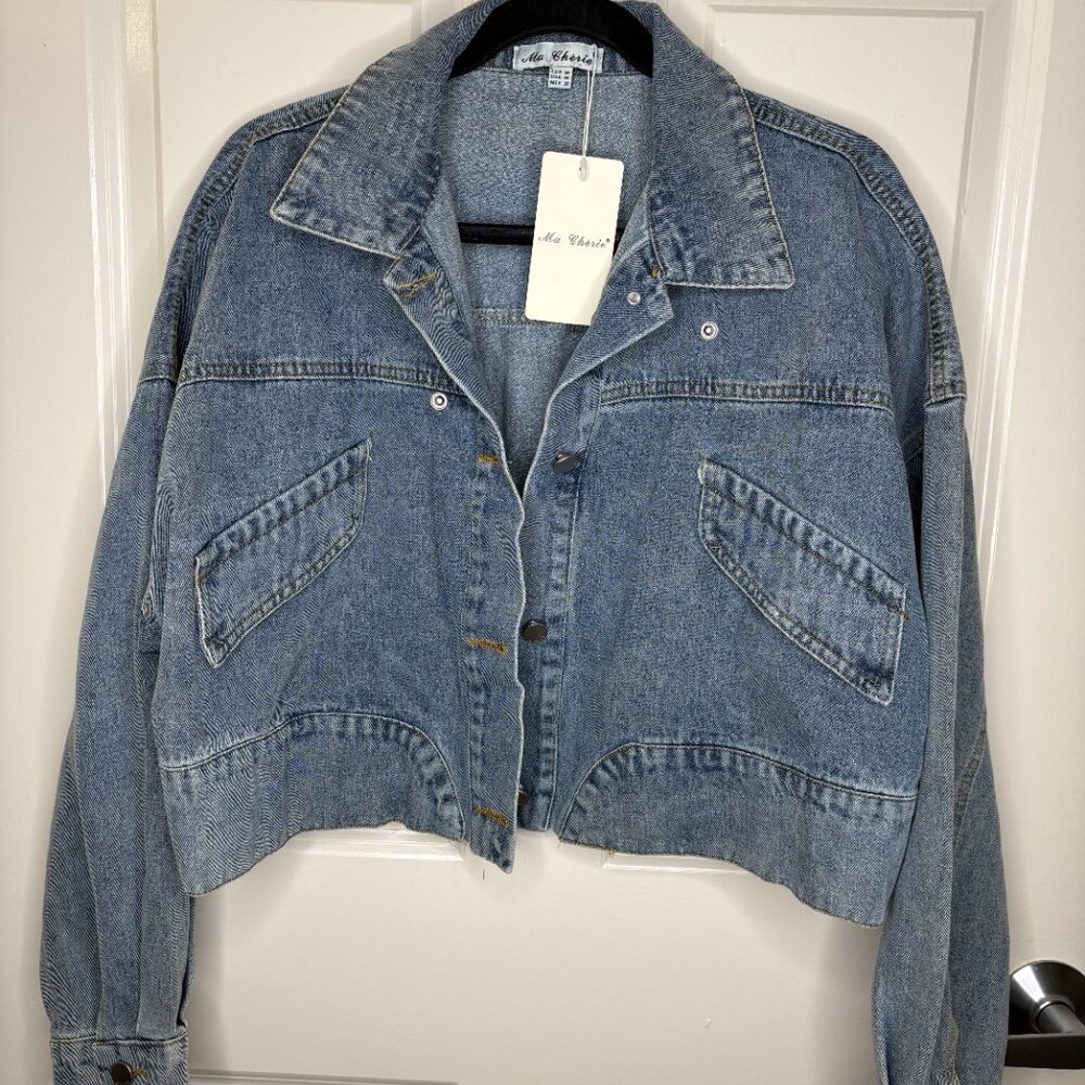 Bold Bib Collar Blue Jean Jacket – Trendy Cropped Cut - Picture 7 of 15